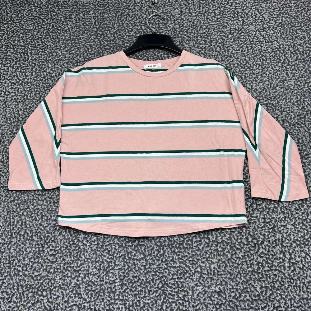 Mod Ref Shirt Women Medium Pink Striped 3/4 Sleeve Boxy Crop Cotton Blend